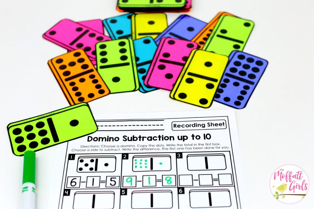 Domino Subtraction- Math Made Fun for Kindergarten! Teach subtraction up to 10 in Kindergarten fun, hands-on ways! Fun math centers and printable games included!