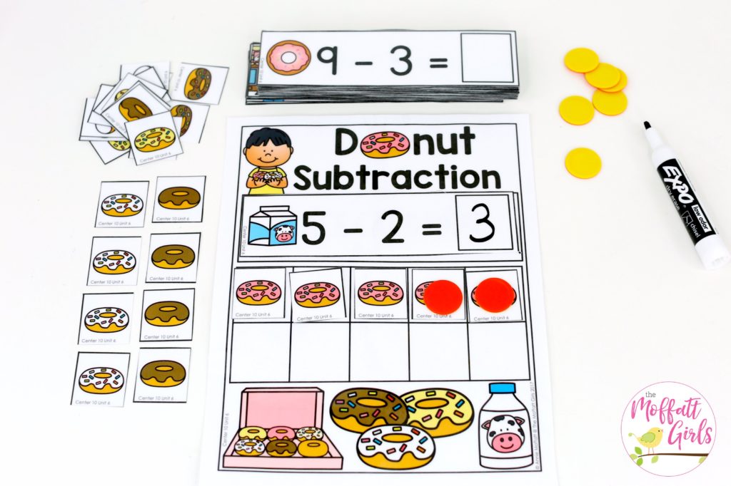 Donut Subtraction- Math Made Fun for Kindergarten! Teach subtraction up to 10 in Kindergarten fun, hands-on ways! Fun math centers and printable games included!