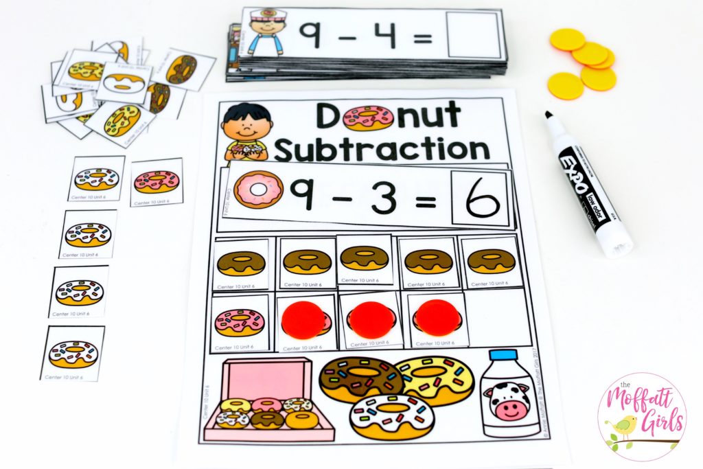 Donut Subtraction- Math Made Fun for Kindergarten! Teach subtraction up to 10 in Kindergarten fun, hands-on ways! Fun math centers and printable games included!