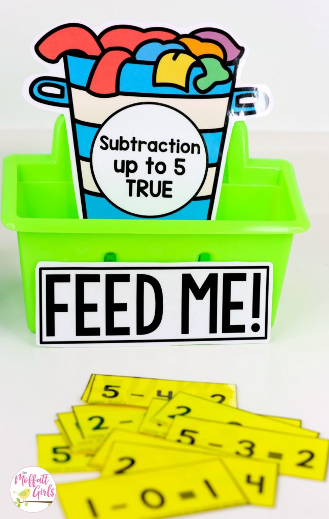 Feed Me Subtraction- Math Made Fun for Kindergarten! Teach subtraction up to 10 in Kindergarten fun, hands-on ways! Fun math centers and printable games included!