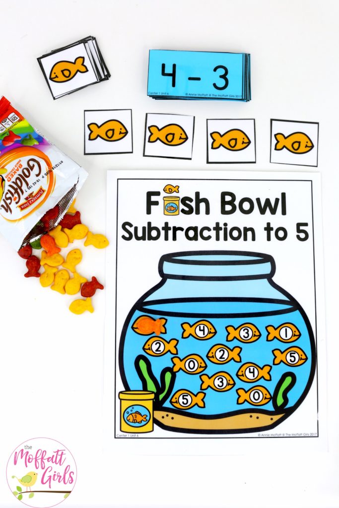 Fish Bowl Subtraction- Math Made Fun for Kindergarten! Teach subtraction up to 10 in Kindergarten fun, hands-on ways! Fun math centers and printable games included!