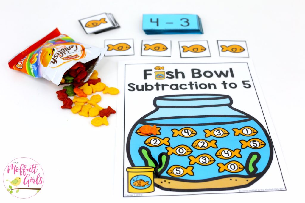 Fish Bowl Subtraction- Math Made Fun Subtraction for Kindergarten! Teach subtraction up to 10 in Kindergarten fun, hands-on ways! Fun math centers and printable games included!