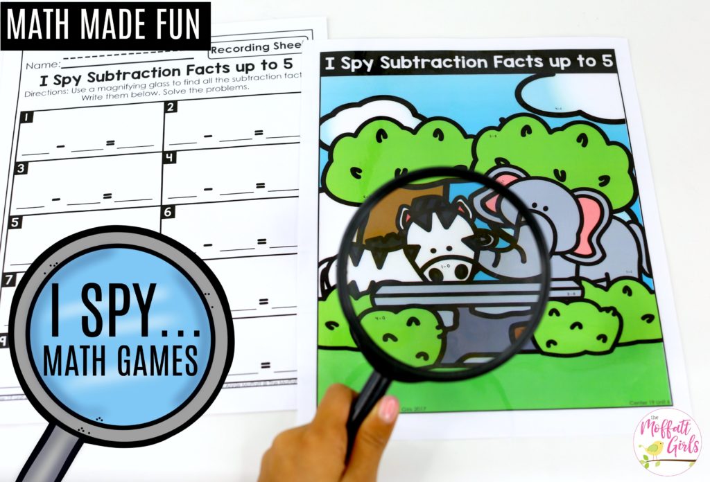 I Spy Subtraction Facts- Math Made Fun for Kindergarten! Teach subtraction up to 10 in Kindergarten fun, hands-on ways! Fun math centers and printable games included!