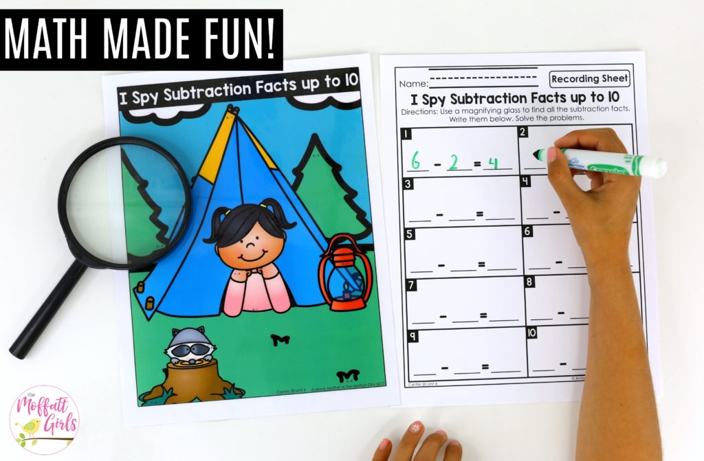 I Spy Subtraction Facts- Math Made Fun for Kindergarten! Teach subtraction up to 10 in Kindergarten fun, hands-on ways! Fun math centers and printable games included!