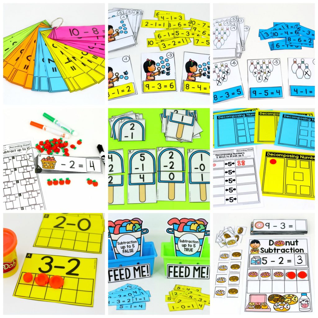 Math Made Fun Subtraction for Kindergarten! Teach subtraction up to 10 in Kindergarten fun, hands-on ways! Fun math centers and printable games included!