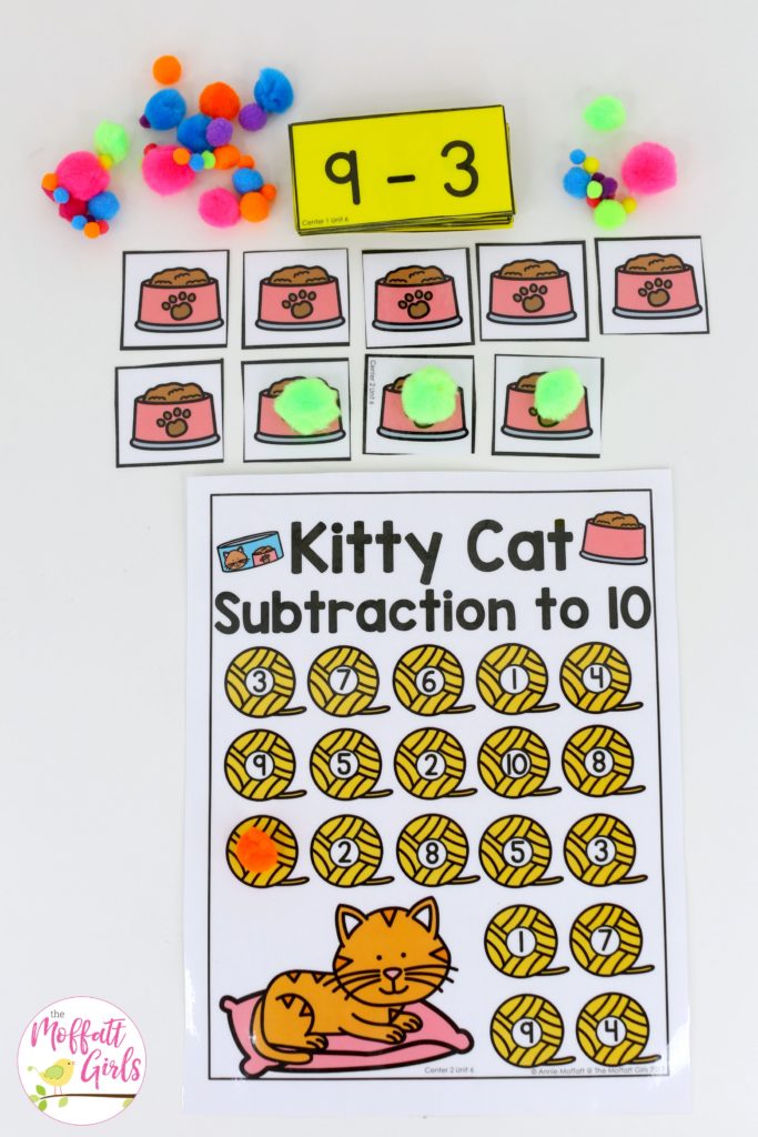 Kitty Cat Subtraction- Math Made Fun for Kindergarten! Teach subtraction up to 10 in Kindergarten fun, hands-on ways! Fun math centers and printable games included!
