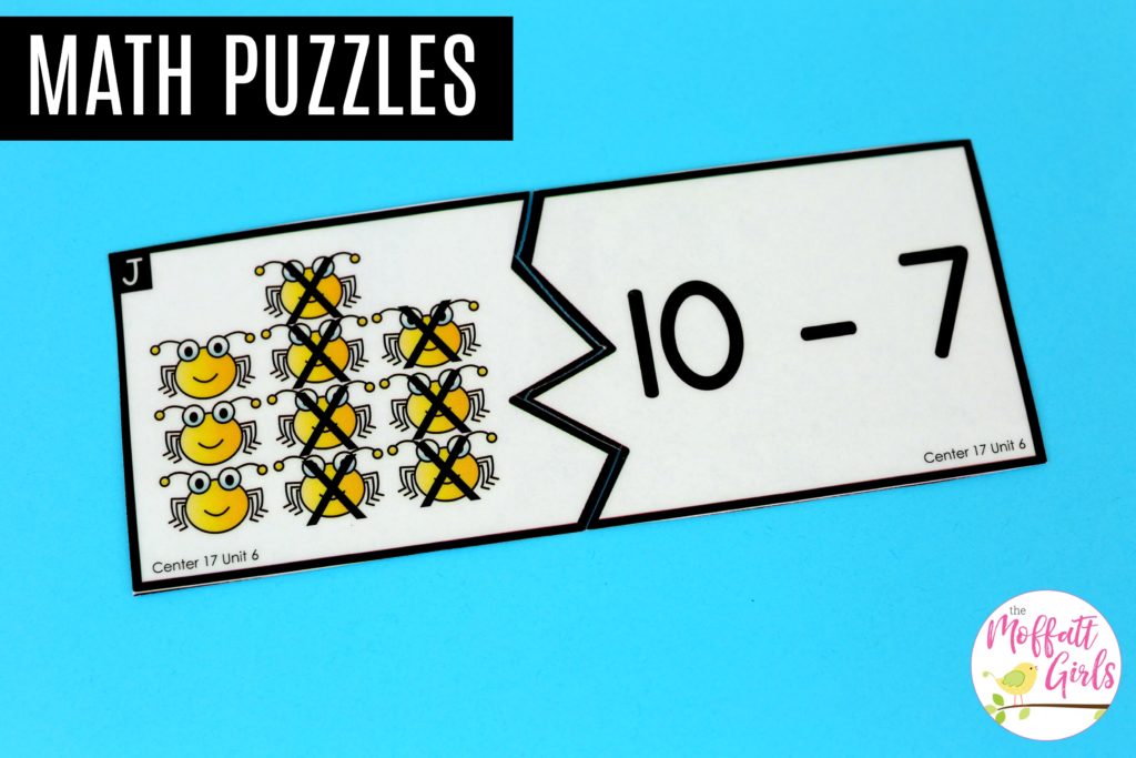 Subtraction Puzzles- Math Made Fun for Kindergarten! Teach subtraction up to 10 in Kindergarten fun, hands-on ways! Fun math centers and printable games included!