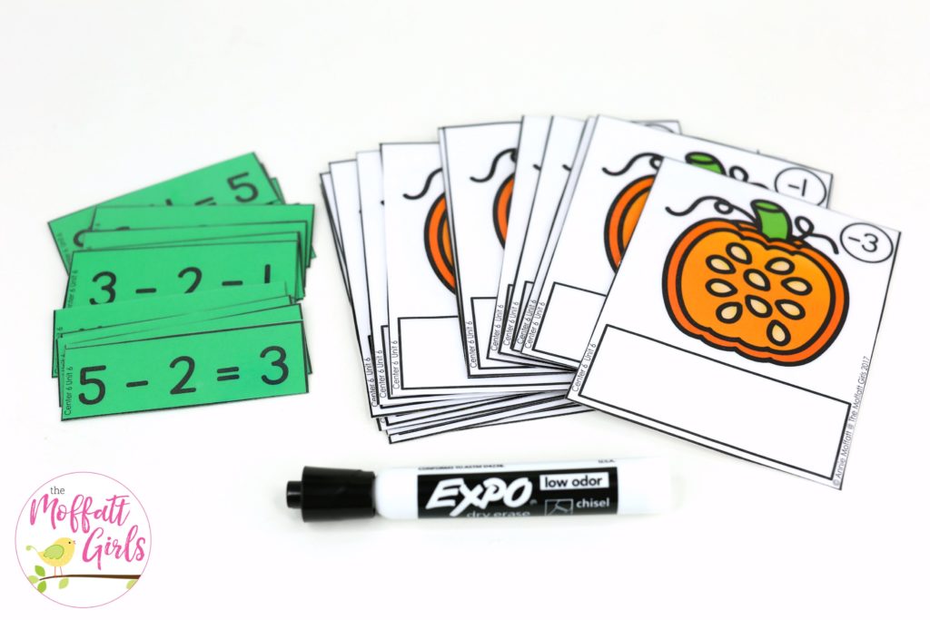 Pumpkin Seed Subtraction- Math Made Fun for Kindergarten! Teach subtraction up to 10 in Kindergarten fun, hands-on ways! Fun math centers and printable games included!