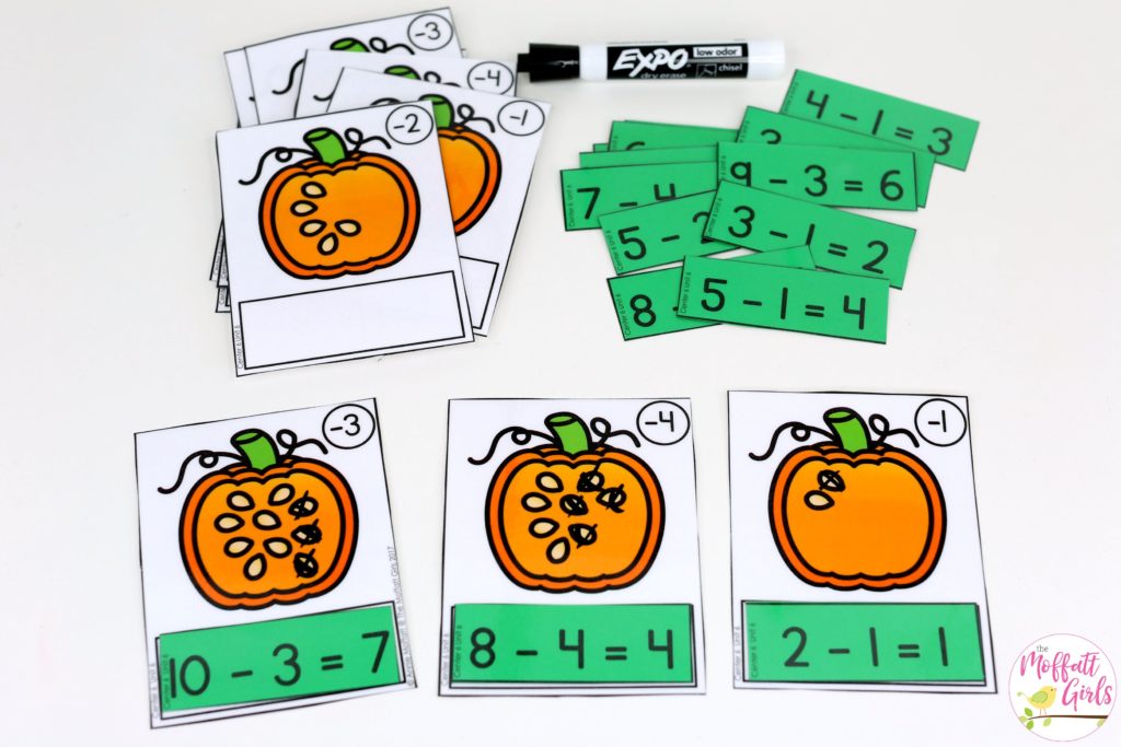 Pumpkin Seed Subtraction- Math Made Fun for Kindergarten! Teach subtraction up to 10 in Kindergarten fun, hands-on ways! Fun math centers and printable games included!
