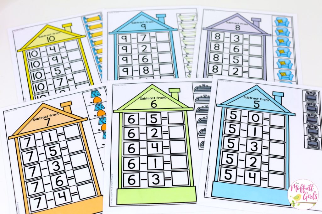 Subtraction at Home- Math Made Fun for Kindergarten! Teach subtraction up to 10 in Kindergarten fun, hands-on ways! Fun math centers and printable games included!