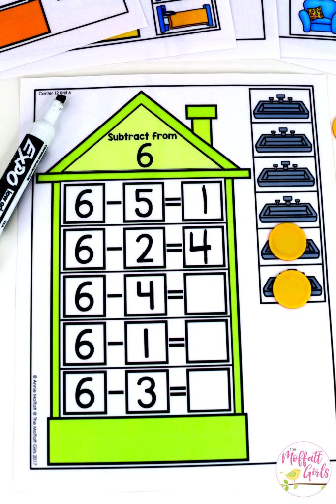 Subtraction at Home- Math Made Fun for Kindergarten! Teach subtraction up to 10 in Kindergarten fun, hands-on ways! Fun math centers and printable games included!