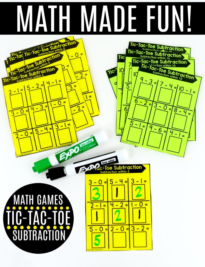 Tic-Tac-Toe Subtraction- Math Made Fun for Kindergarten! Teach subtraction up to 10 in Kindergarten fun, hands-on ways! Fun math centers and printable games included!