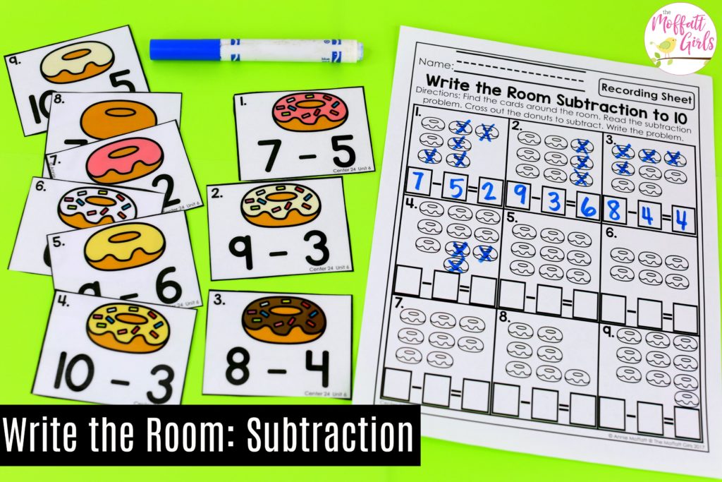 Write the Room Subtraction- Math Made Fun for Kindergarten! Teach subtraction up to 10 in Kindergarten fun, hands-on ways! Fun math centers and printable games included!