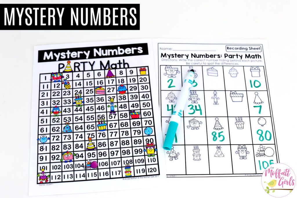 Mystery Numbers (Party Math): This fun 1st Grade Math activity helps students count numbers up to 120 in a hands-on way! 