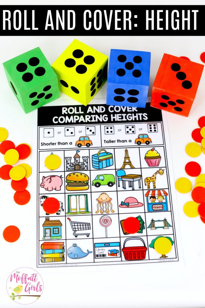 Roll and Cover Comparing Heights: This fun Kindergarten Math activity helps students measure items and analyze data in a hands-on way!