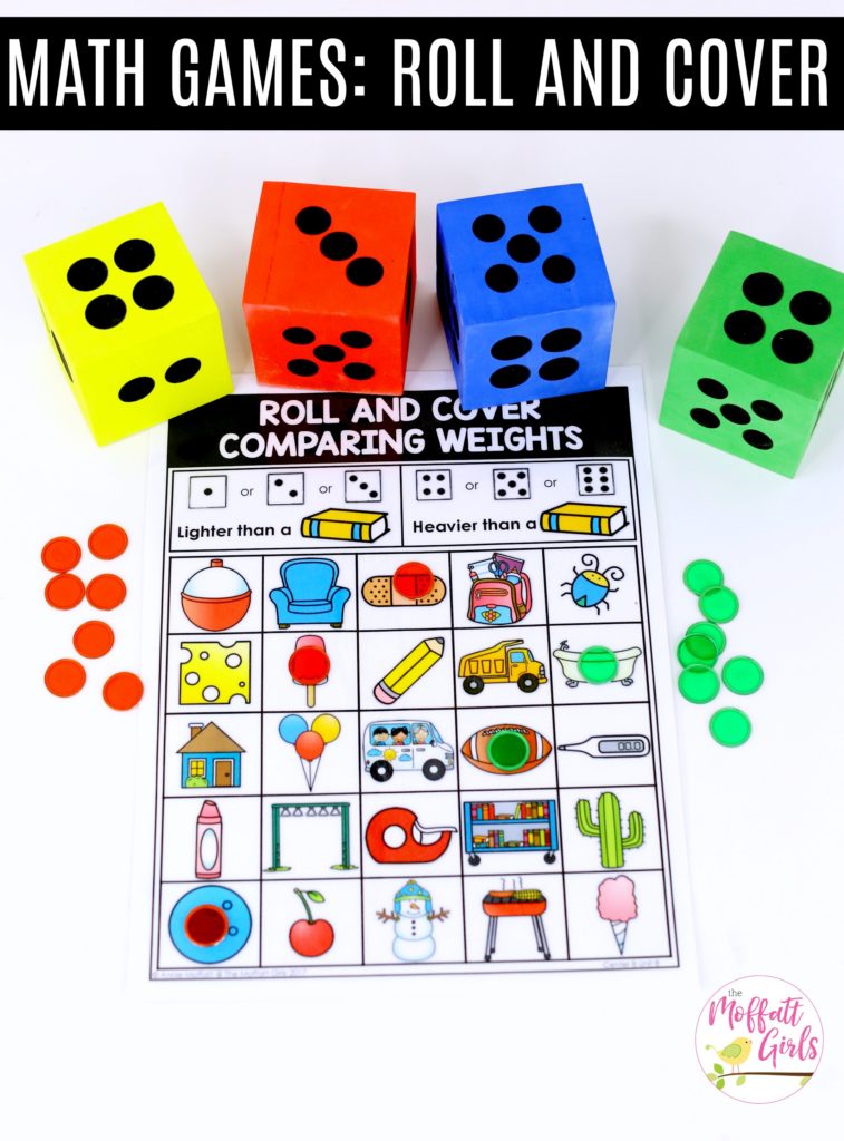 Roll and Cover Comparing Weights: This fun Kindergarten Math activity helps students measure items and analyze data in a hands-on way!
