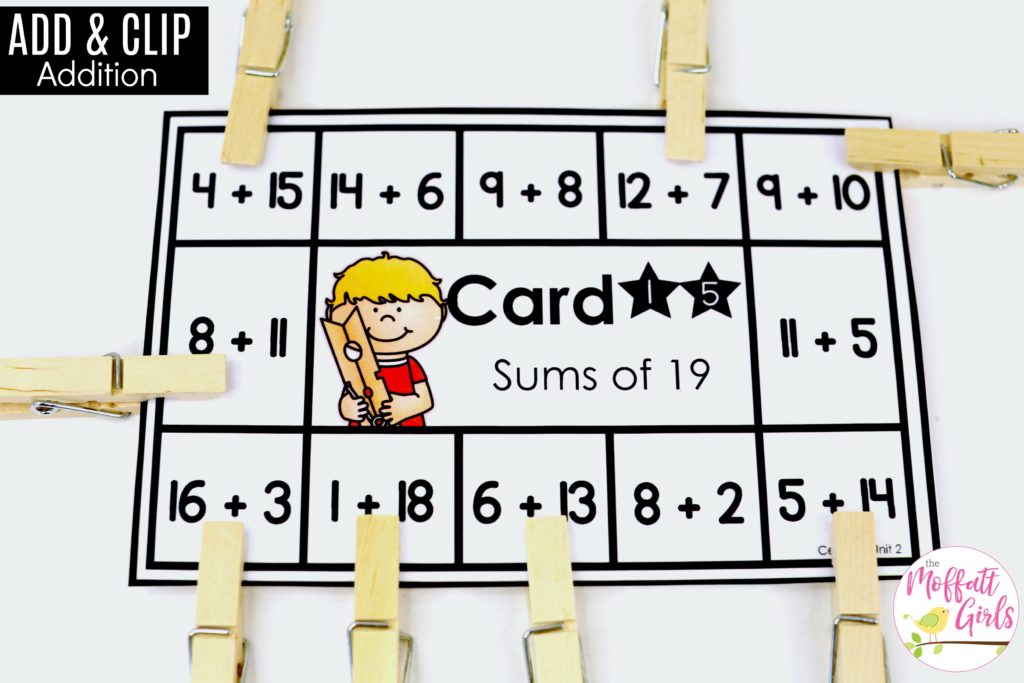 Addition Sums Clip Cards: This fun 1st Grade Math activity helps students practice addition in a hands-on way!