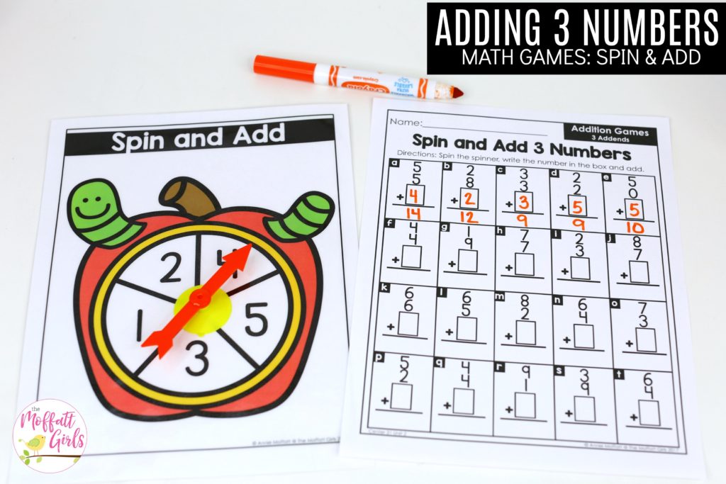 Spin and Add 3 Numbers: This fun 1st Grade Math activity helps students practice addition in a hands-on way!