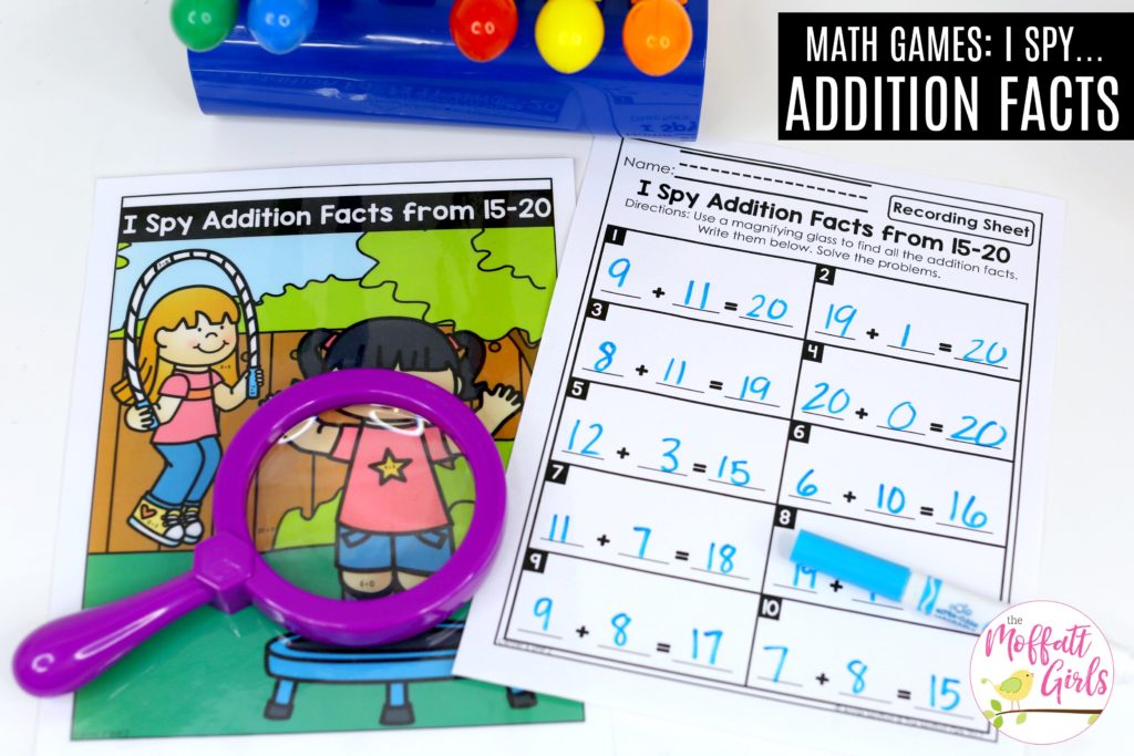 I Spy Addition Facts: This fun 1st Grade Math activity helps students practice addition in a hands-on way!