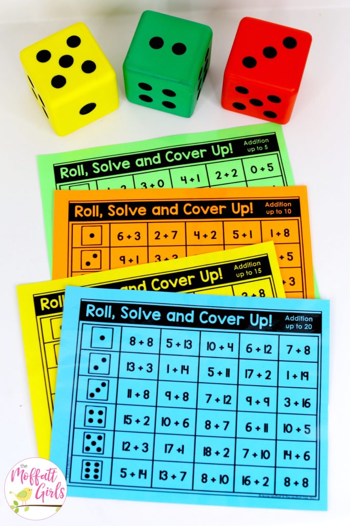 Roll, Solve and Cover Up: This fun 1st Grade Math activity helps students practice addition in a hands-on way!