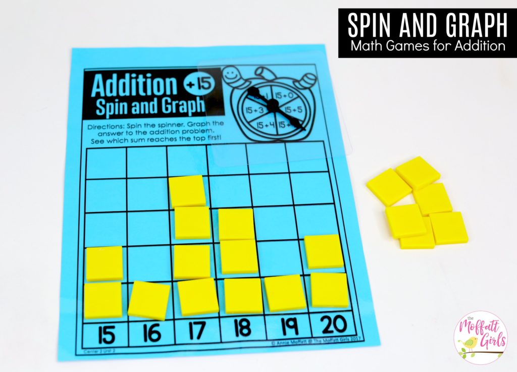 Addition Spin and Graph: This fun 1st Grade Math activity helps students practice addition in a hands-on way!
