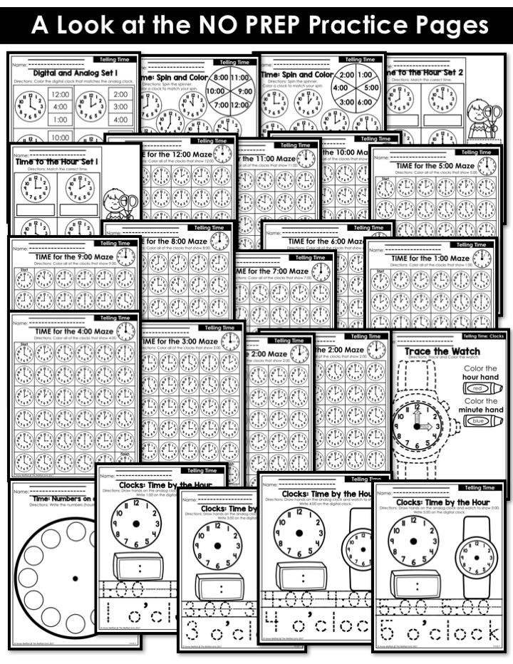 NO PREP Practice worksheets and centers to teach time! Teach time with these hands-on math centers for Kindergarten!