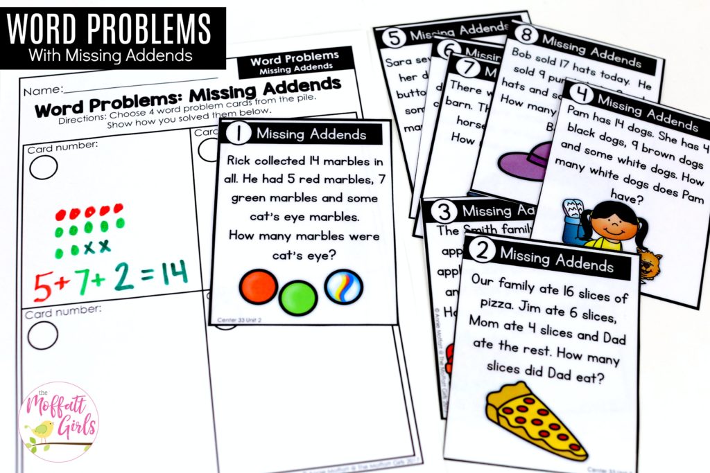 Word Problems Missing Addends: This fun 1st Grade Math activity helps students practice addition in a hands-on way!