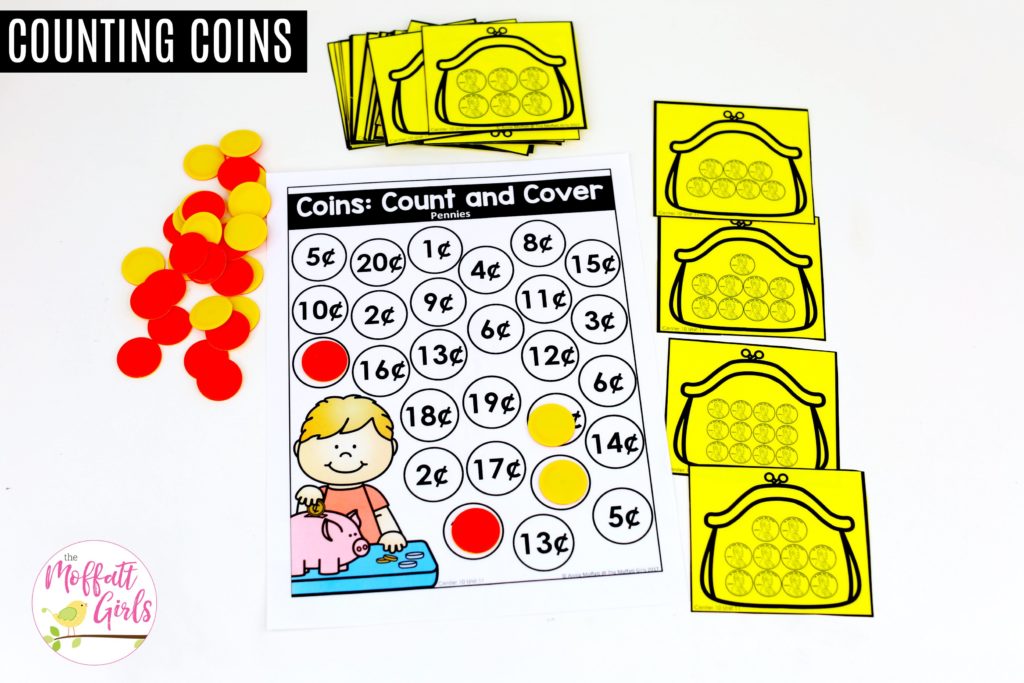 Coins- Count and Cover: This fun Kindergarten Math activity helps students identify and count money in a hands-on way!
