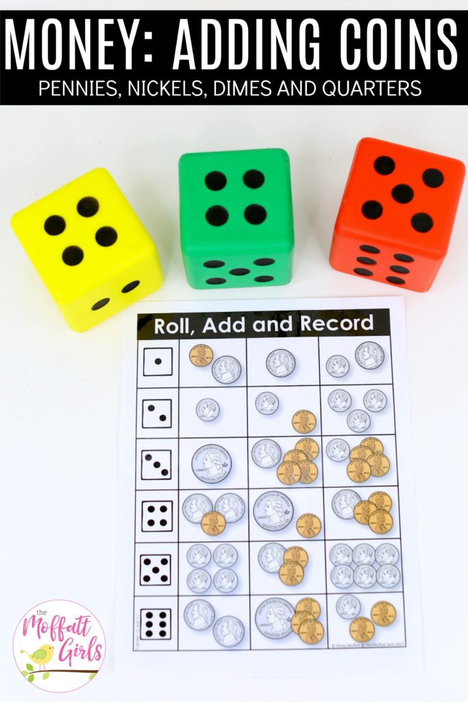 Roll, Add and Record: This fun Kindergarten Math activity helps students identify and count money in a hands-on way!