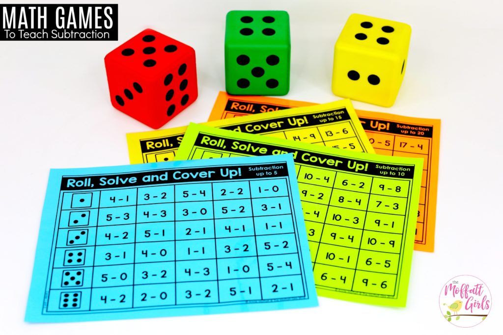 Roll, Solve and Cover Up: This fun 1st Grade Math activity helps students practice subtraction in a hands-on way!