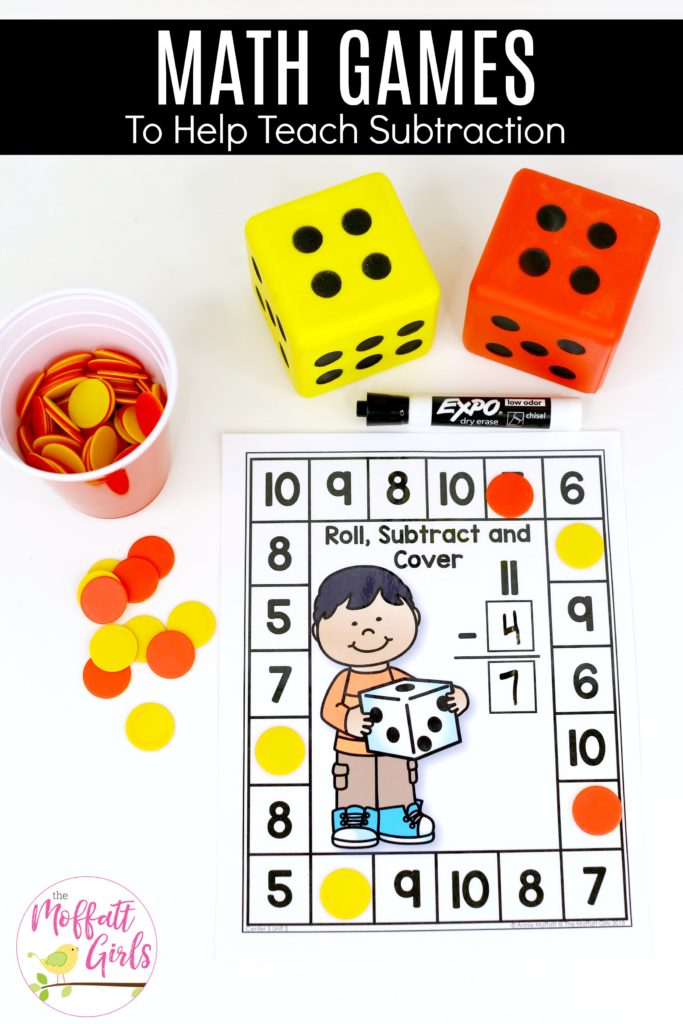 Roll, Subtract and Cover: This fun 1st Grade Math activity helps students practice subtraction in a hands-on way!