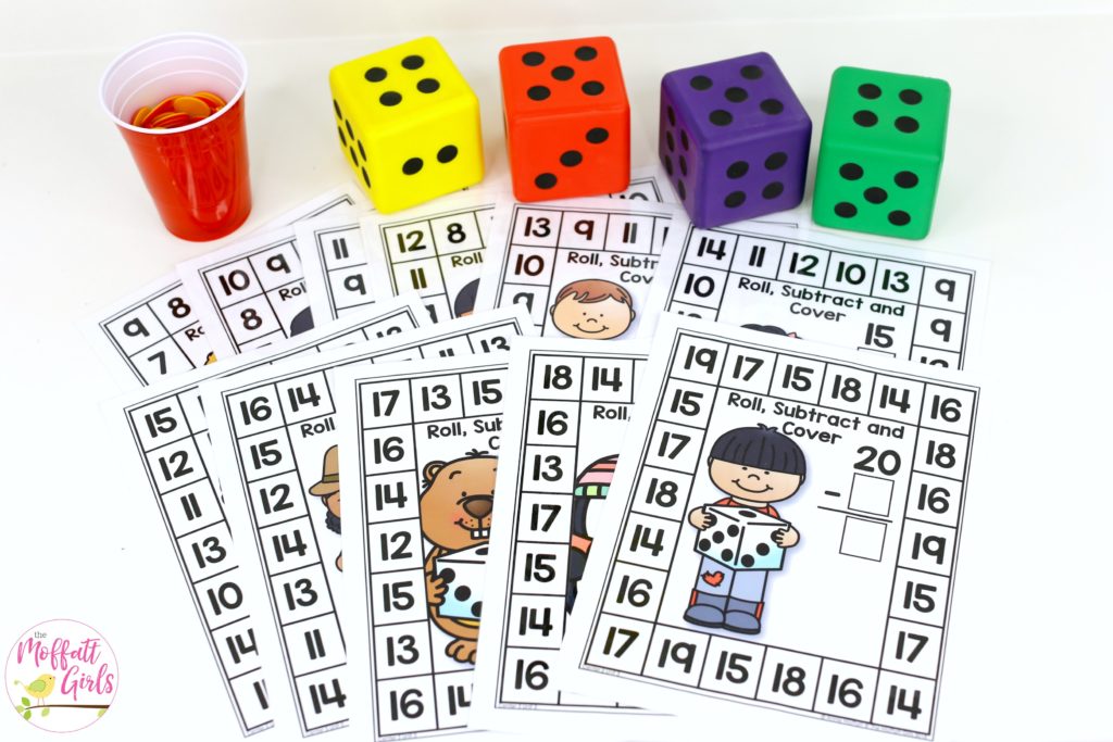 Roll, Subtract and Cover: This fun 1st Grade Math activity helps students practice subtraction in a hands-on way!