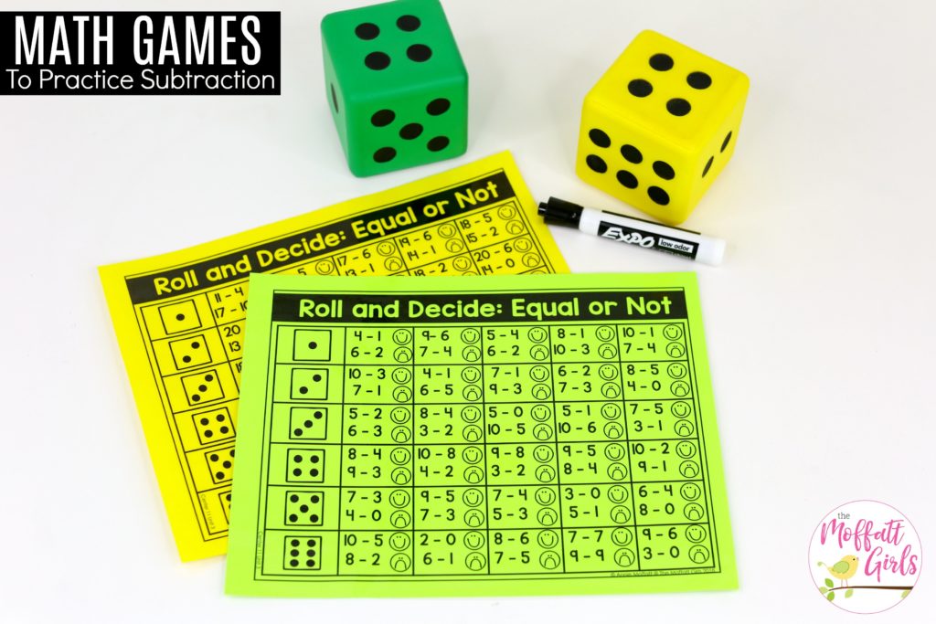 Roll and Decide: Equal or Not: This fun 1st Grade Math activity helps students practice subtraction in a hands-on way!