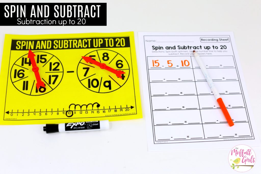 Spin and Subtraction up to 20: This fun 1st Grade Math activity helps students practice subtraction in a hands-on way!