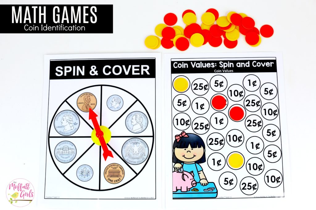 Coin Values- Spin and Cover: This fun Kindergarten Math activity helps students identify and count money in a hands-on way!
