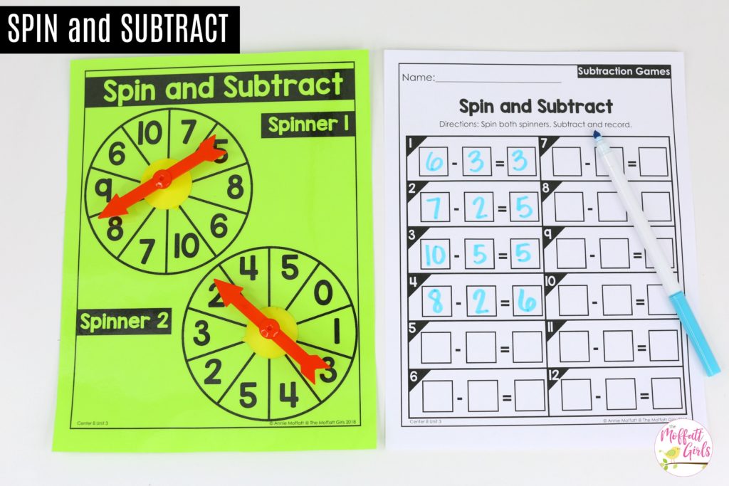 Spin and Subtraction up to 10: This fun 1st Grade Math activity helps students practice subtraction in a hands-on way!