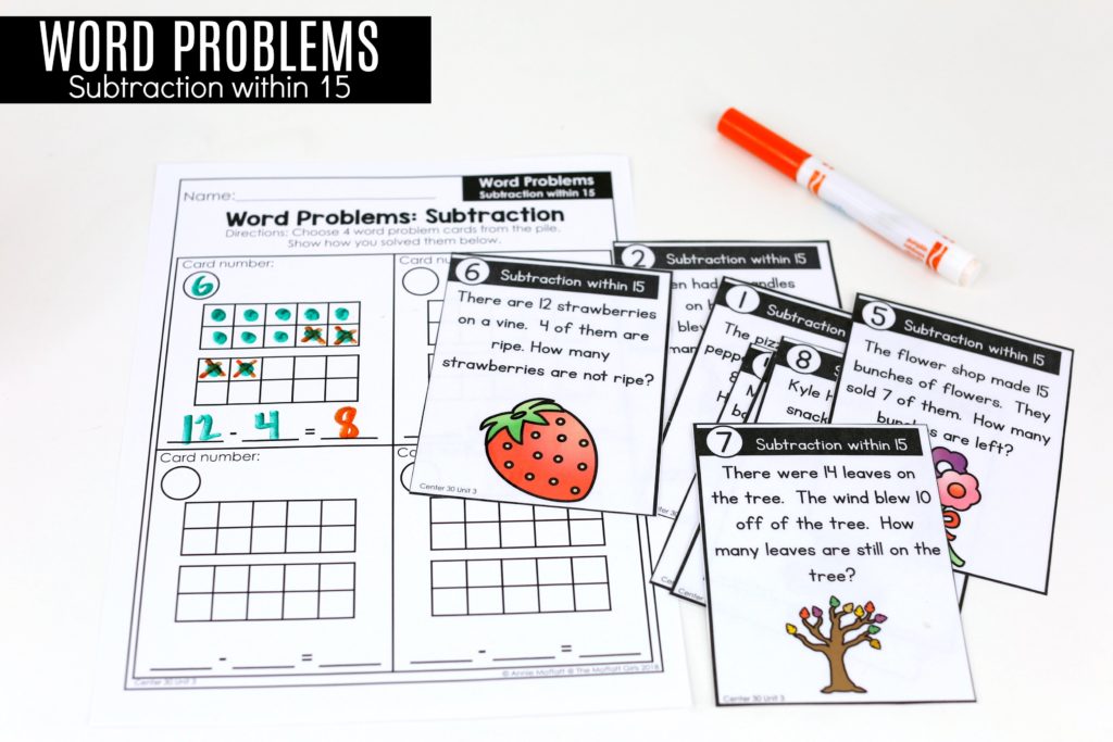 Word Problems- Subtraction within 15: This fun 1st Grade Math activity helps students practice subtraction in a hands-on way!