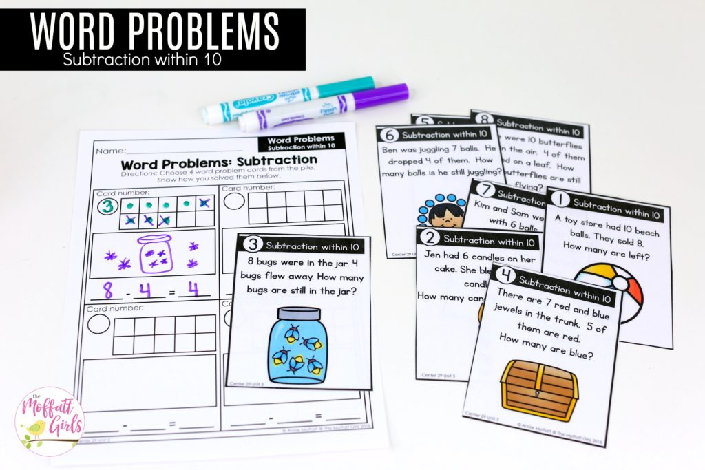 Word Problems- Subtraction within 10: This fun 1st Grade Math activity helps students practice subtraction in a hands-on way!