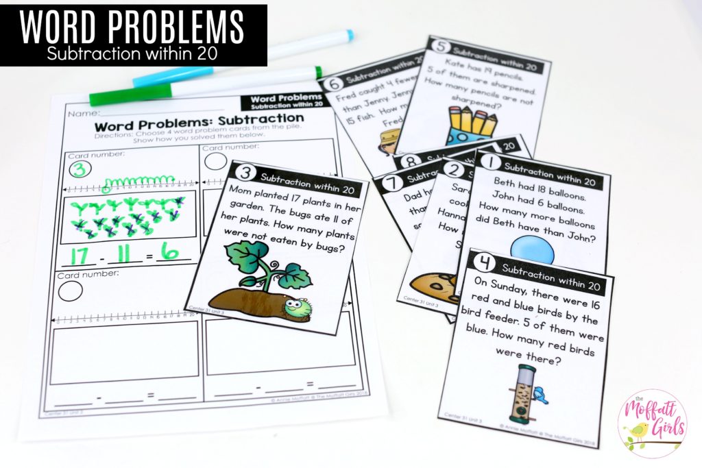 Word Problems- Subtraction within 20: This fun 1st Grade Math activity helps students practice subtraction in a hands-on way!