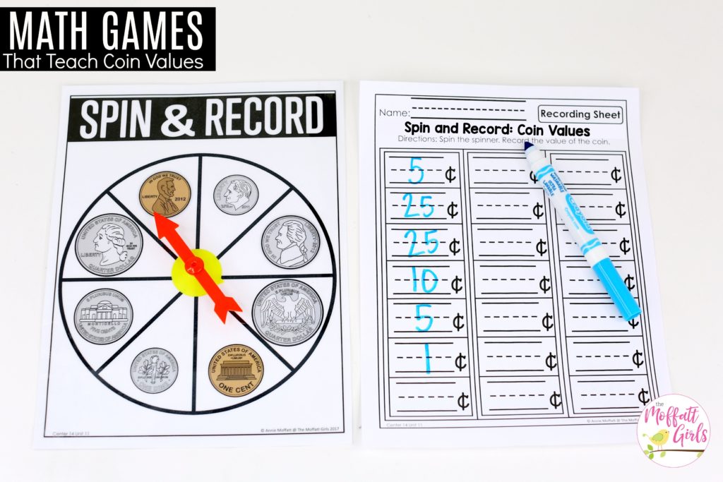 Spin and Record: This fun Kindergarten Math activity helps students identify and count money in a hands-on way!