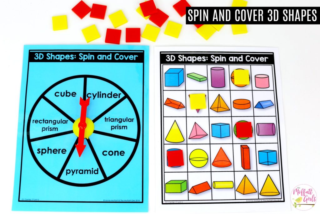 Shapes- Spin and Cover: These fun 1st Grade Math activities help students understand basic geometry with the use of shapes and fractions in a hands-on way!