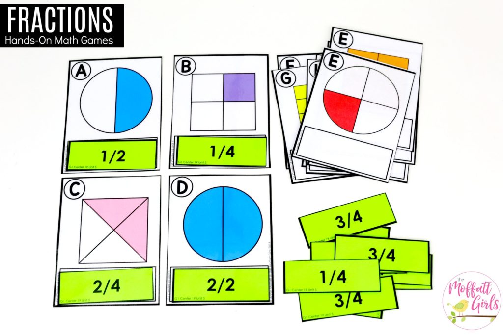 Fractions- Make a Match: These fun 1st Grade Math activities help students understand basic geometry with the use of shapes and fractions in a hands-on way!
