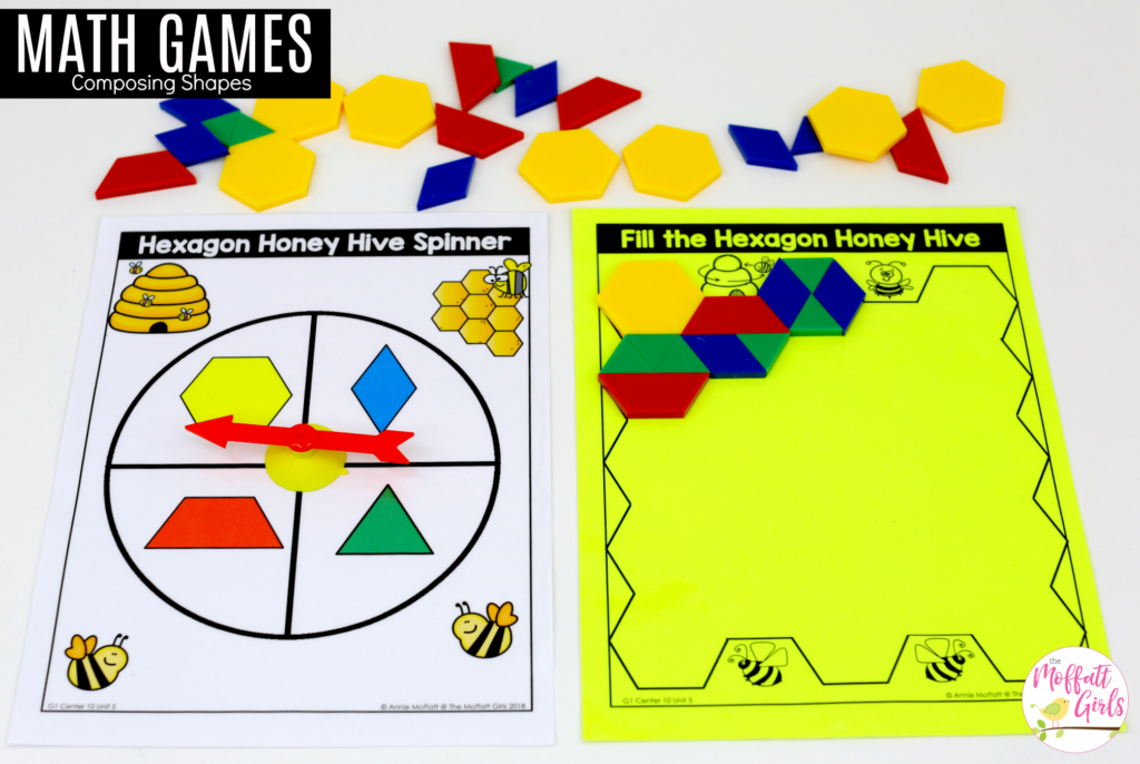 Tasty Shape Pizza and Honey Hive: These fun 1st Grade Math activities help students understand basic geometry with the use of shapes and fractions in a hands-on way!
