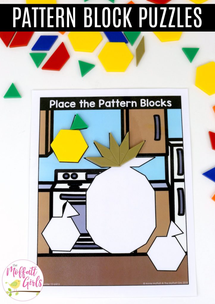 Place the Pattern Blocks without Lines or Numbers of Shapes: These fun 1st Grade Math activities help students understand basic geometry with the use of shapes and fractions in a hands-on way!