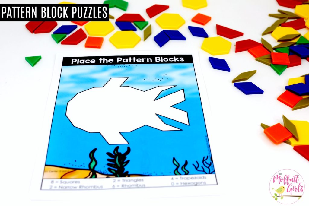 Place the Pattern Blocks with Numbers of Shapes: These fun 1st Grade Math activities help students understand basic geometry with the use of shapes and fractions in a hands-on way!