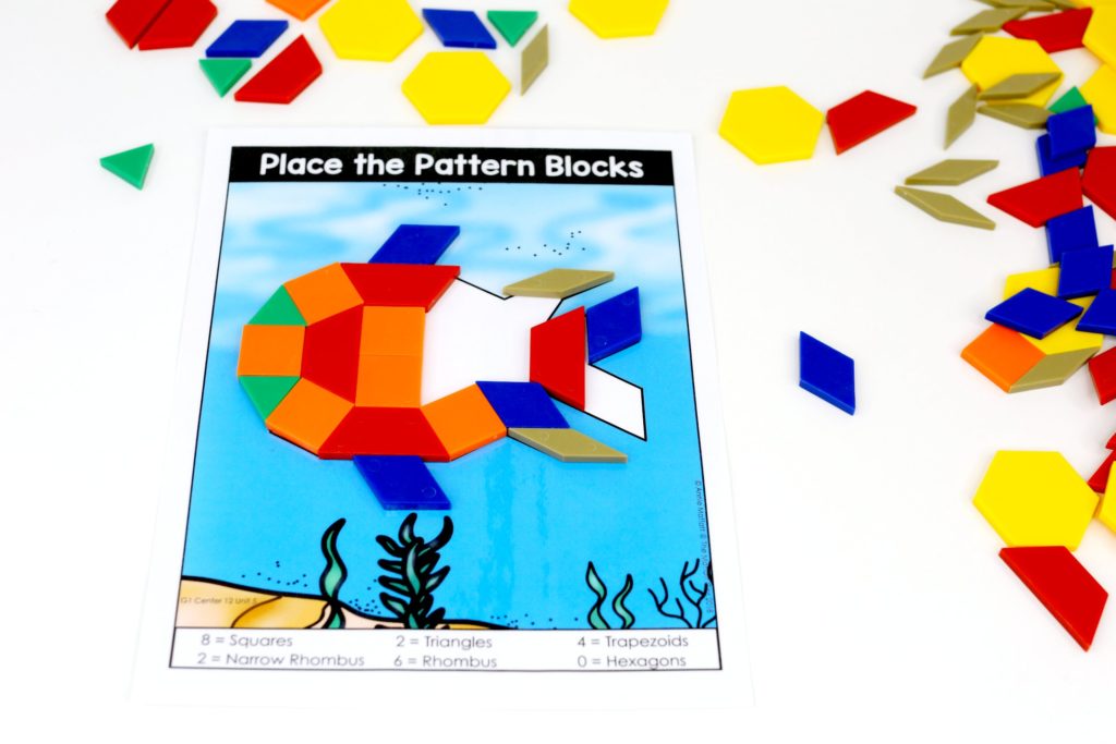 Place the Pattern Blocks with Numbers of Shapes: These fun 1st Grade Math activities help students understand basic geometry with the use of shapes and fractions in a hands-on way!