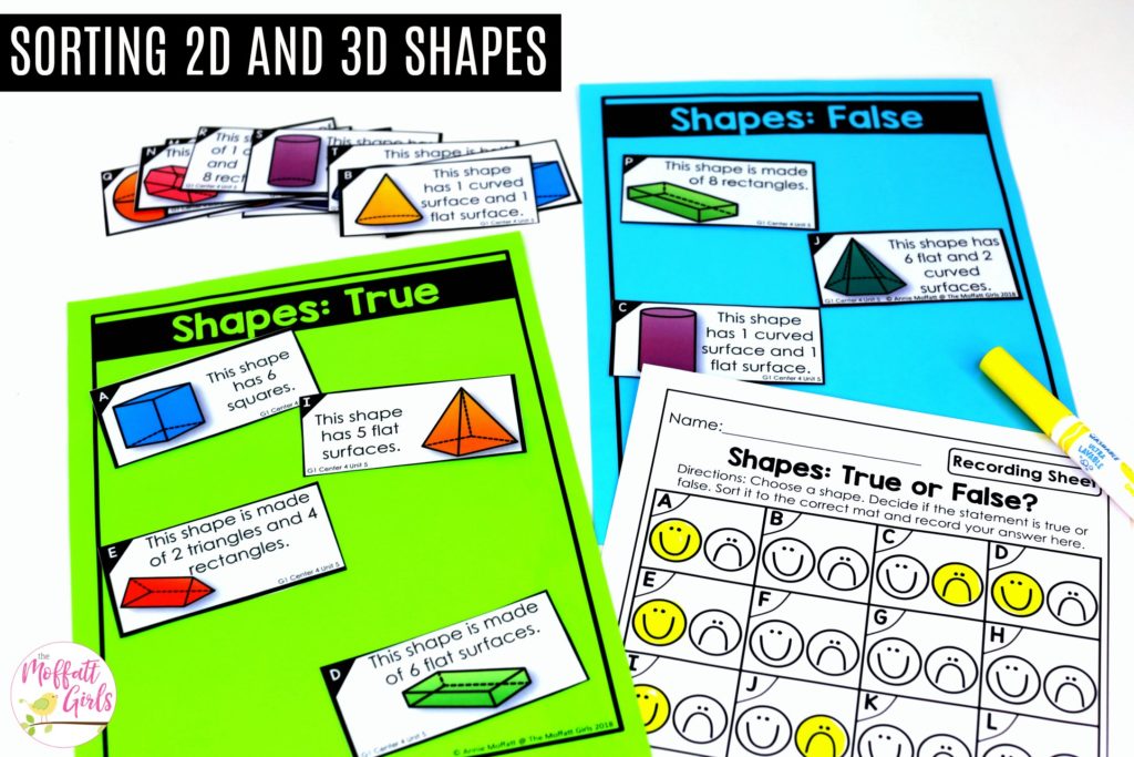 Shapes- True or False: These fun 1st Grade Math activities help students understand basic geometry with the use of shapes and fractions in a hands-on way!