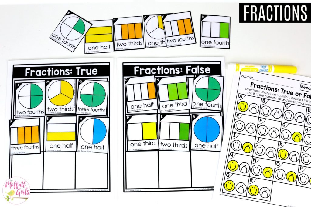 Fractions- True or False?: These fun 1st Grade Math activities help students understand basic geometry with the use of shapes and fractions in a hands-on way!