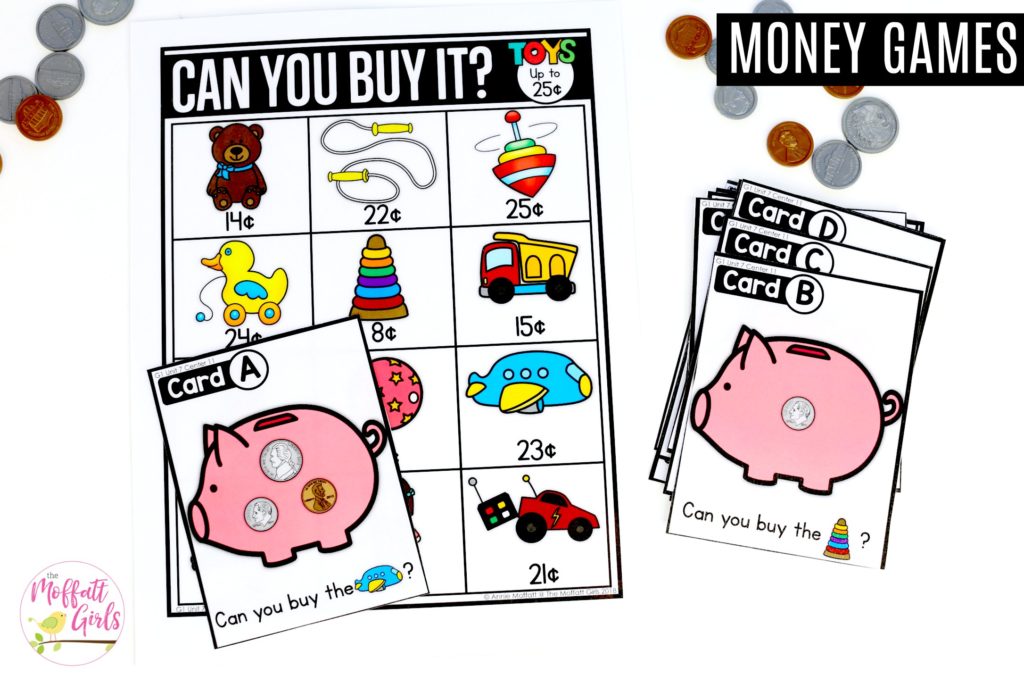 Toy Shopping: Can You Buy It? Fun math center to teach first grade students how to add up coins and shop.