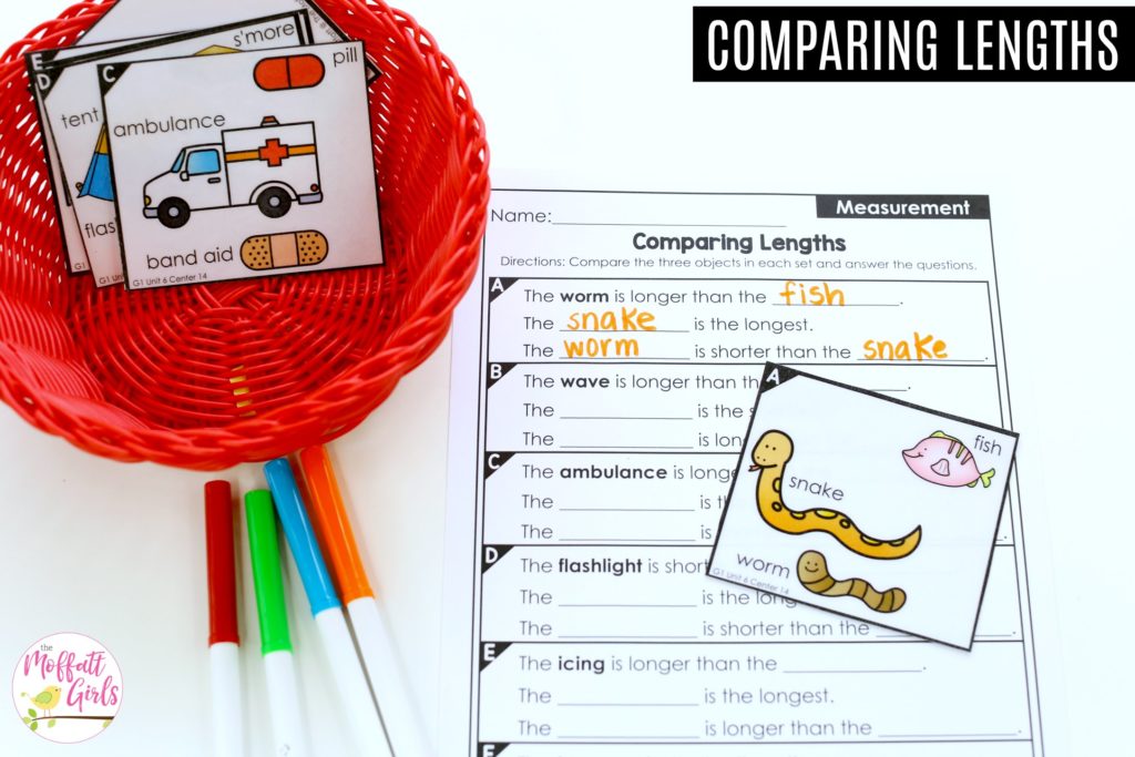 Comparing Lengths- TONS of fun, hands-on math centers and worksheets to teach first grade students how to measure!